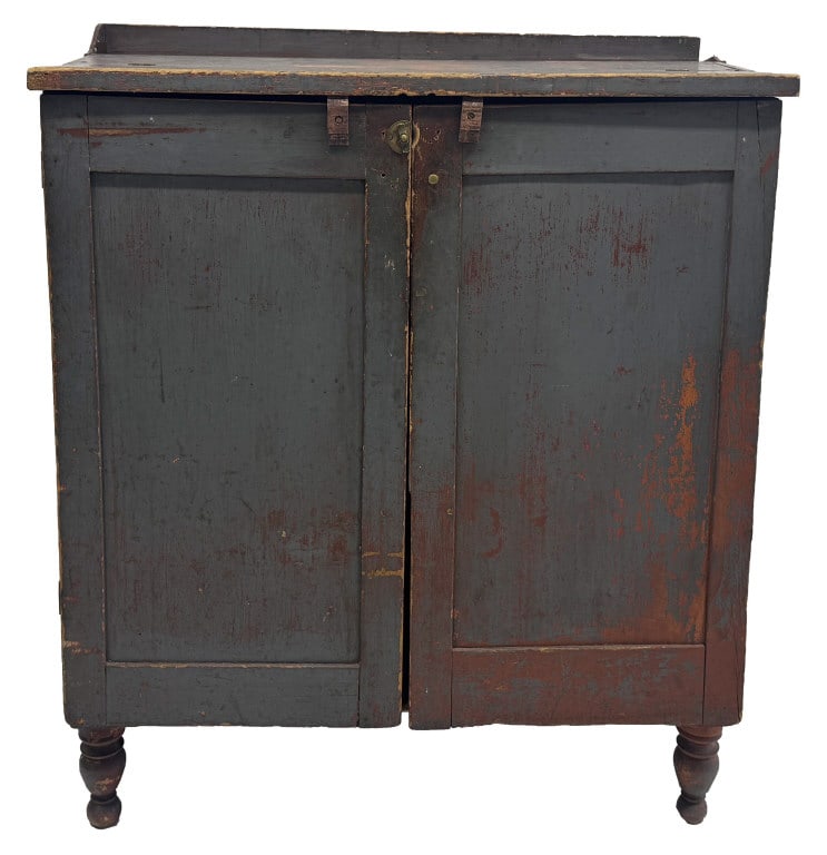 C. 1830 GRANARY CUPBOARD IN BLUE GREY OVER RED PAINT 47 1/2" X 39 1/4" X 19" (1 of 9)