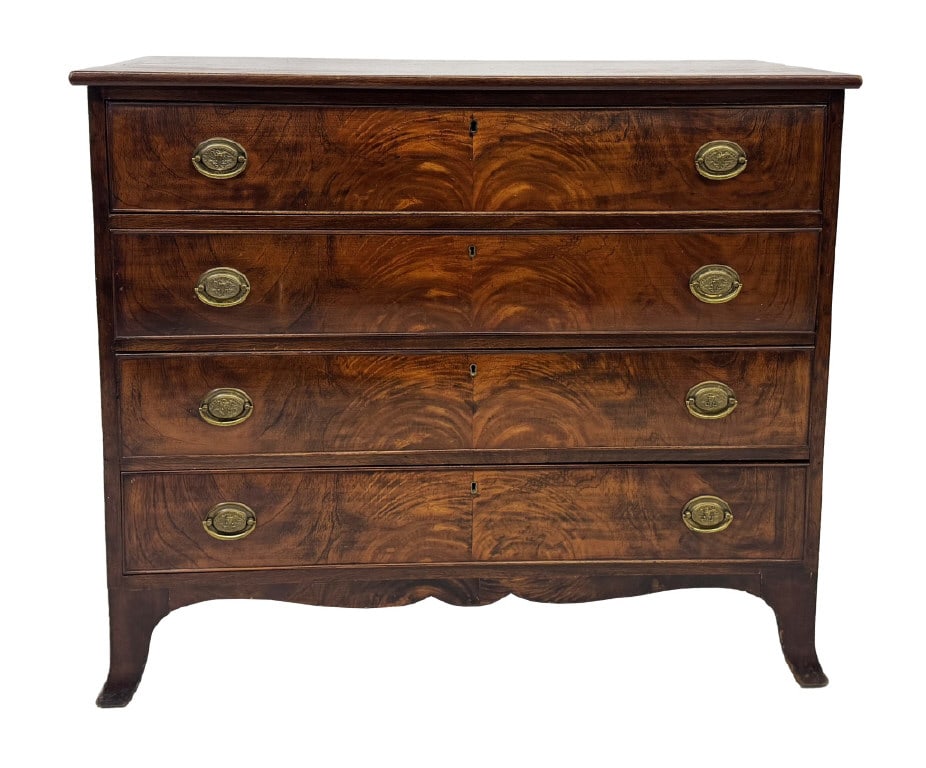 MAHOGANY RHODE ISLAND 4 DRAWER CHEST, W/ CUPIDS BOW APRON & FRENCH FEET 37 3/8" X 41 3/4" X 17 1/2" (1 of 5)