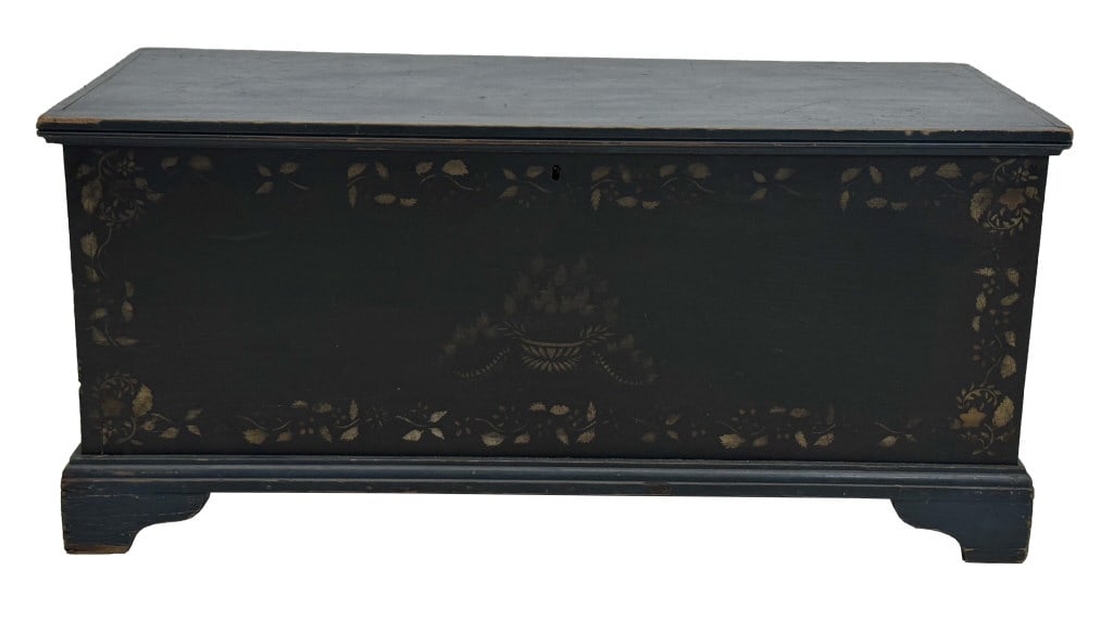 ALBANY CO. STENCIL DECORATED BLANKET BOX IN BLUE W/ BLACK & GOLD FRONT PANEL 19 3/4" X 42 1/2" X 18 (1 of 5)