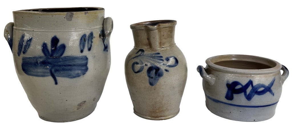 3 PCS COBALT DECORATED SALT GLAZED EARTHENWARE PITCHER & 2 CROCKS TALLEST 10 1/2" (1 of 11)