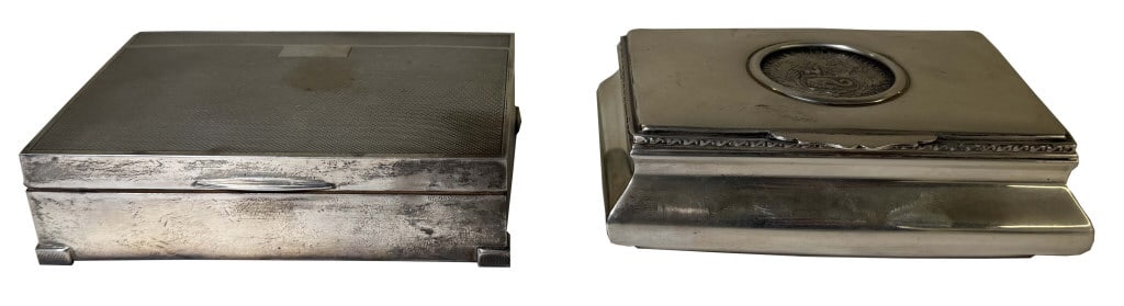 2 STERL. HINGED LID BOXES, 1 PERUVIAN W/ 1892 COIN & 1 ENGLISH W/ WOODEN LINER 15 TROY OZ W/ WOODEN (1 of 10)