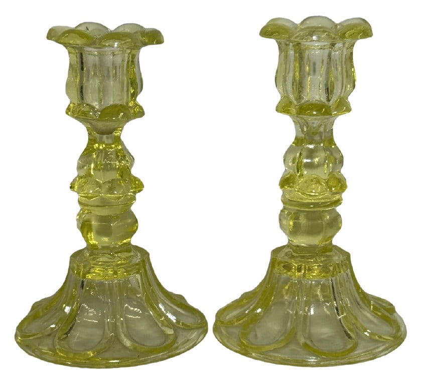 PR 7" TALL CANARY YELLOW PETAL LOOP CANDLESTICKS PROB. SANDWICH FACTORY (HEAT CHECK IN ONE: PR 7" TALL CANARY YELLOW PETAL LOOP CANDLESTICKS PROB. SANDWICH FACTORY (HEAT CHECK IN ONE CANDLECUP)
