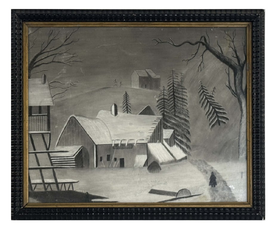 19THC. SANDPAPER , CHALK & GRAPHITE LANDSCAPE IN RIPPLE FRAME 18" X 22 1/2" OVERALL (1 of 2)