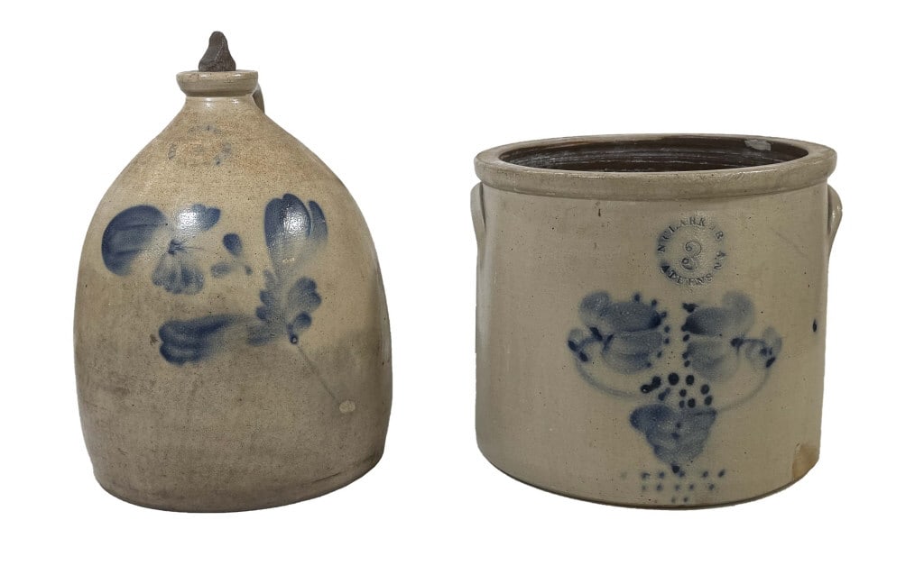 2 PCS. SALT GLAZED N.CLARK JR, ATHENS NY STONEWARE COBALT DEC. JUG 13 1/8" & CROCK 11 1/4" DIAM (1 of 11)