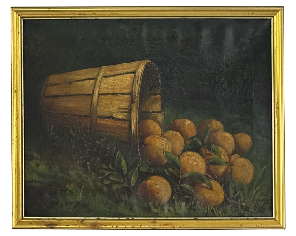 OIL / CANVAS AMERICAN SCHOOL 19THC. STILL LIFE FRUIT & BASKET, SIGNED & DATED ILLEGIBLY 16" X 20" (1 of 5)