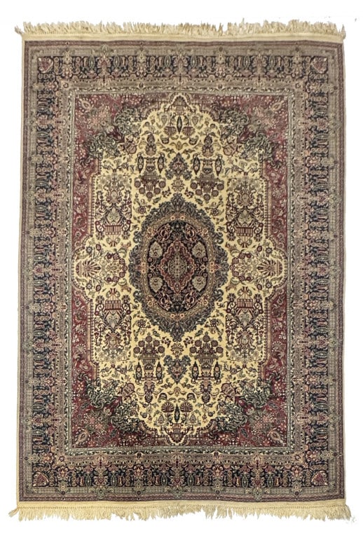 IVORY FIELD KASHAN AREA, IN VERY GOOD CONDITION 114" X 73": IVORY FIELD KASHAN AREA, IN VERY GOOD CONDITION 114" X 73"