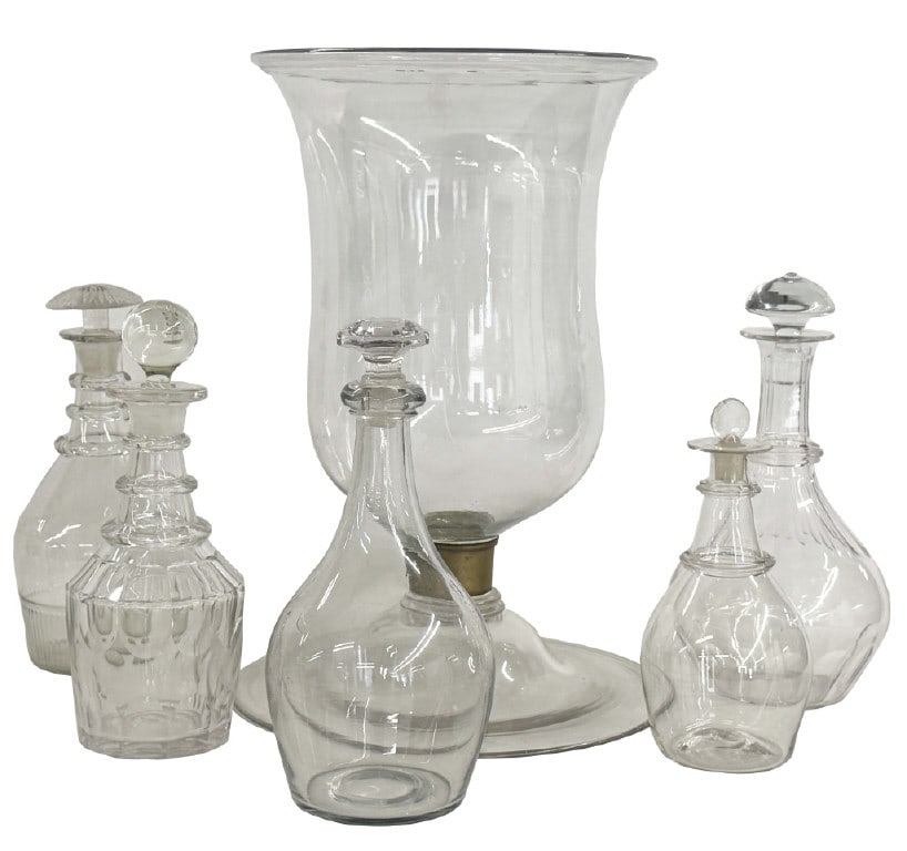 5- 19THC. DECANTERS & BLOWN HURRICANE SHADE IN 2 SECTIONS, TALLEST DECANTERS 11 1/2" SHADE 16 3/4" (1 of 11)