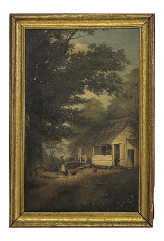 AMERICAN 19THC. O/C FARM YARD W/ CHICKENS UNSIGNED 23 3/4" X 14 1/2" (1 of 5)