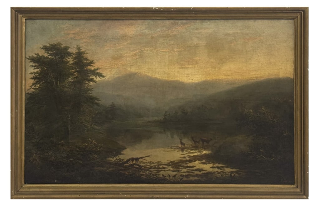 OIL / CANVAS BY E. BURNS "HUDSON VALLEY LANDSCAPE WITH DEER 34" X 51 3/4" (1 of 7)