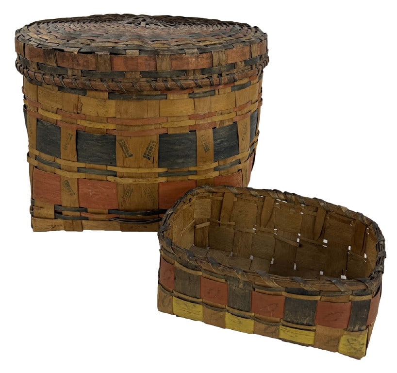 2 PAINTED POTATO STAMP DECORATED BASKETS LIDDED BASKET 13 1/2" X 19" , RECTANGULAR 4 3/4" X 11" X 8" (1 of 13)