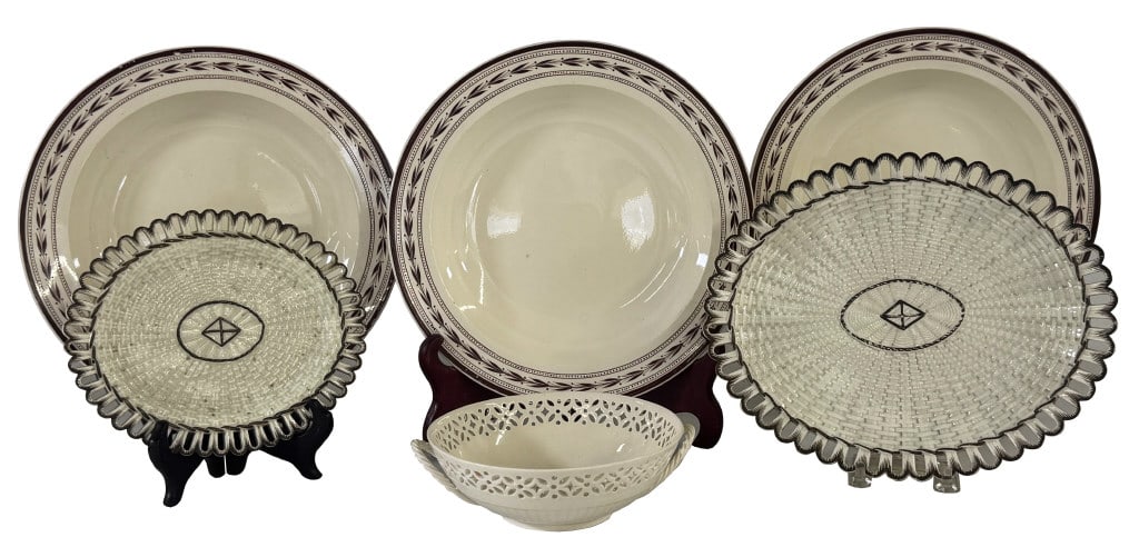 18THC. ENGLISH CREAMWARE INC. 2 NEALE & CO. BASKET WEAVE TRAYS & 4 PCS W/ WEDGWOOD INCISED MARK (1 of 8)