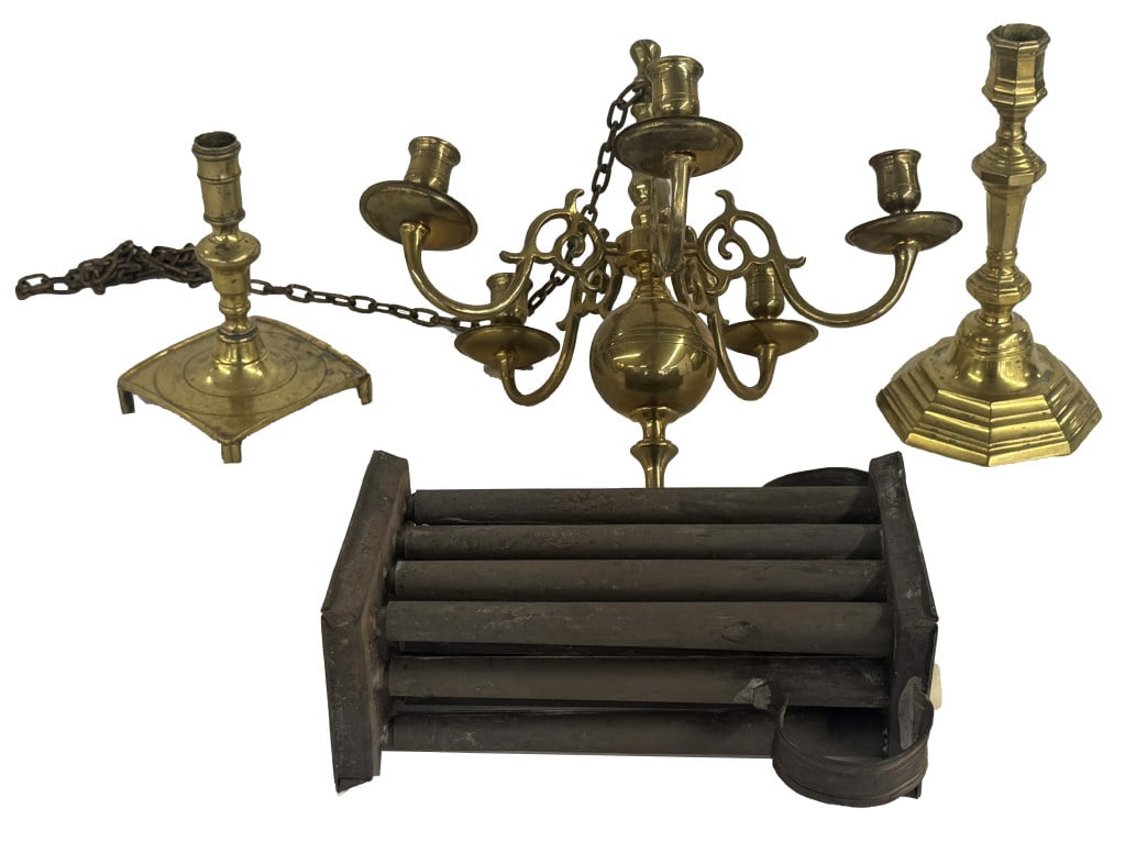GROUP OF LIGHTING, 5 LIGHT CHANDELIER, 2 PERIOD CANDLE STICKS & A CANDLE MOLD (1 of 5)