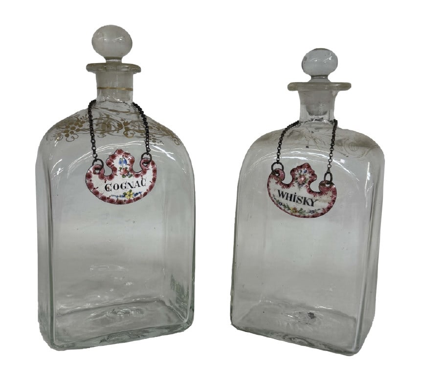 2- 18THC. HAND BLOWN BOTTLES WITH BATTERSEA ENAMEL MASCOTS 9" & 9 1/2' TALL (1 of 5)