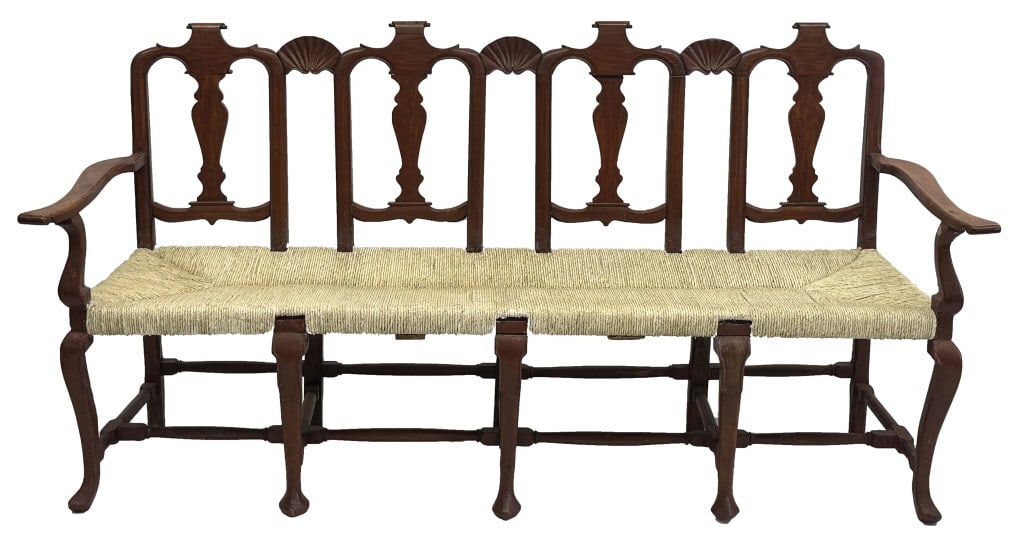 18THC. DUTCH FOUR CHAIR BACK RUSH SEAT BENCH 41 1/2" X 78 1/2" X 20 1/2" (1 of 6)