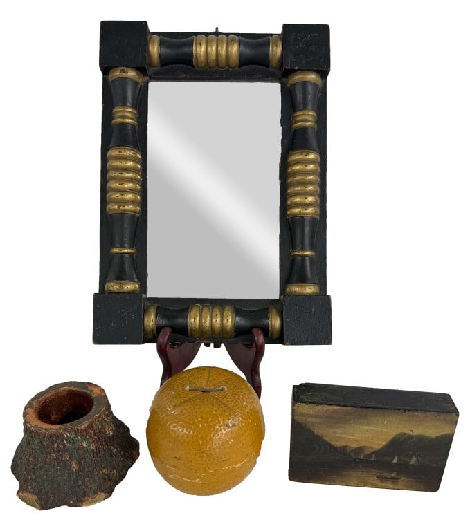 AMERICANA INC. SM 1/2 COLUMN MIRROR, HAND PAINTED PAPERWEIGHT, MATCH HOLDER , ORANGE BANK: AMERICANA INC. SM 1/2 COLUMN MIRROR, HAND PAINTED PAPERWEIGHT, MATCH HOLDER , ORANGE BANK