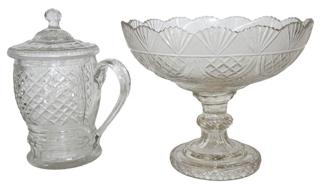 EARLY FLINT GLASS COMPOTE & COVERED TANKARD COMPOTE 9" X 7" TANKARD 8" X 10" (1 of 6)