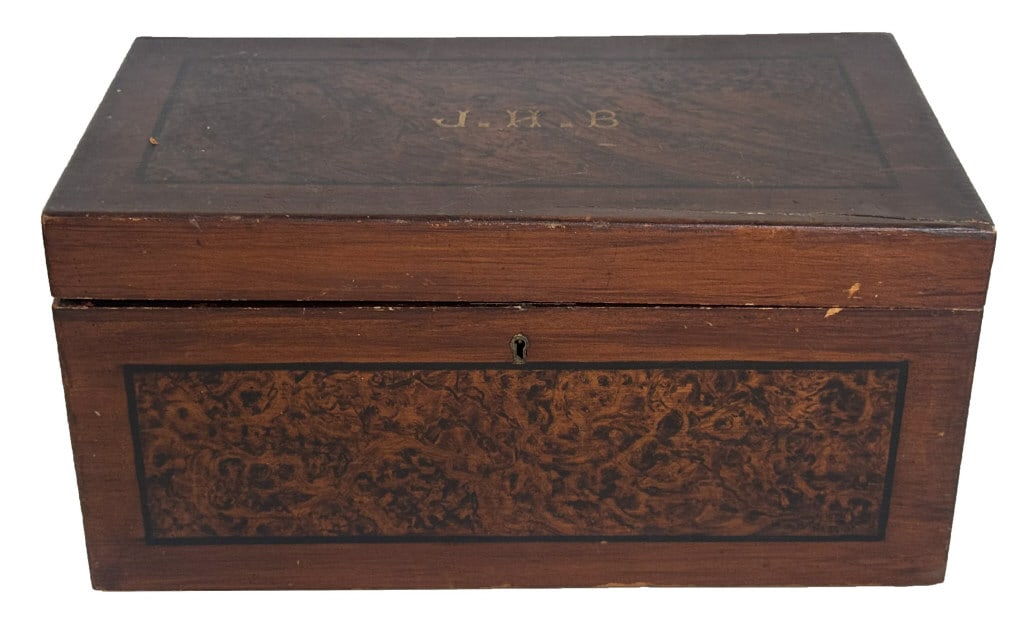 ROSEWOOD & BURL GRAIN PAINTED STORAGE BOX 19THC. NEW YORK STATE 8 1/2" X 16 7/8" X 9 5/8" (1 of 7)