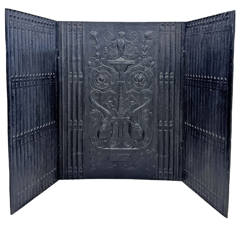 19THC. 3 SECTION CAST IRON FIRE BACK / SURROUND CENTER 30 1/4" X 25" ENDS 30 1/4" X 15 1/8" (1 of 6)