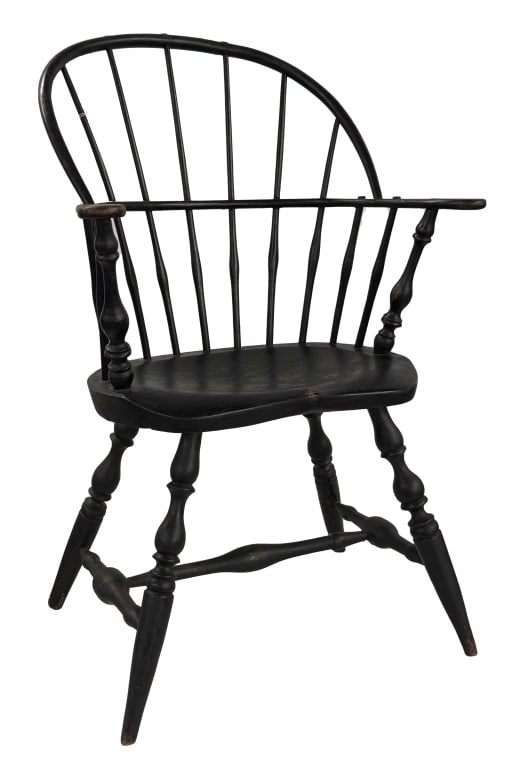SIGNED TRACY SACK BACK WINDSOR ARM CHAIR IN BLACK PAINT 36" X 24 1/4" X 15 1/4" (1 of 6)