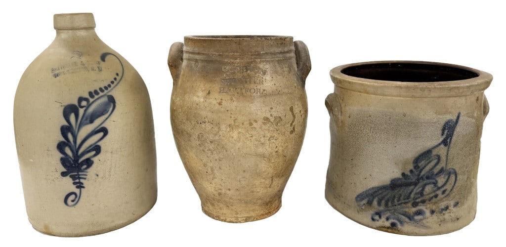 3 PCS STONEWARE: GOODWIN & WEBSTER OVOID, COBALT DECOR. JUG & BIRD CROCK , (BOTH CROCKS W/ DMG) (1 of 11)