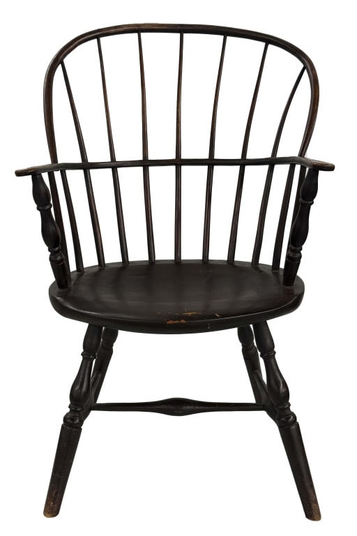 SACK BACK WINDSOR ARM CHAIR IN BLACK PAINT W/ BULBOUS TURNIGS SEAT 15 1/2" 35 5/8" X 21 1/2" X 15 (1 of 4)