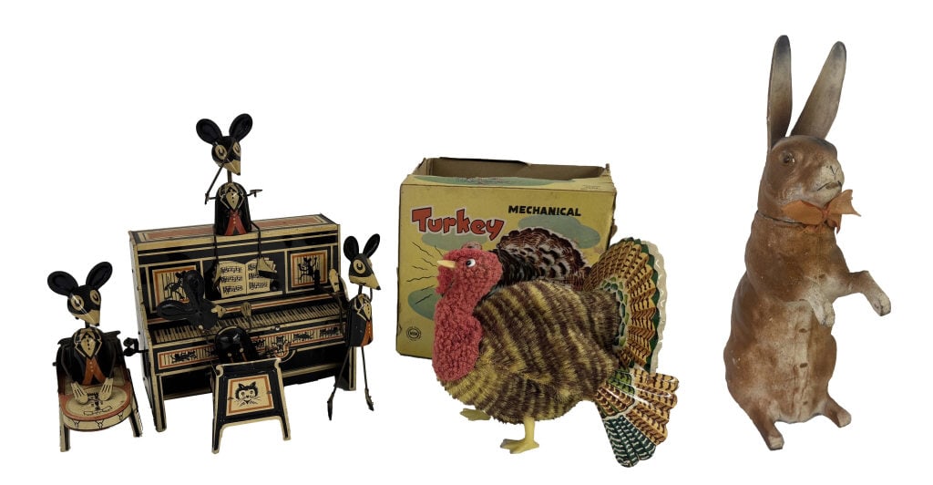 MARX WIND UP TIN "MERRY MAKERS " TOY & TURKEY TOY MECHANICAL W/ BOX & PAPIER MACHE RABBIT SHAPED (1 of 13)