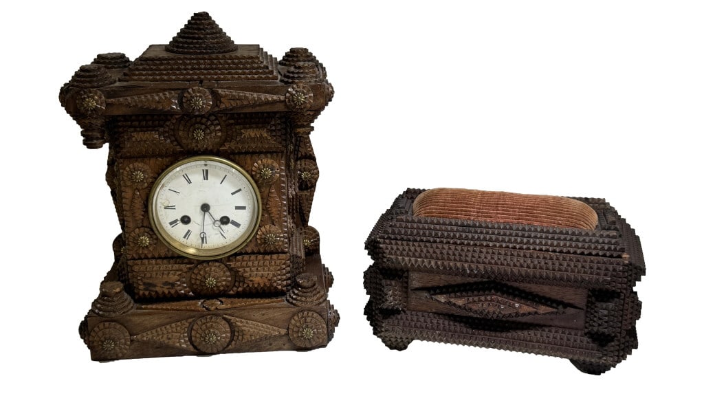 2 PCS. OF TRAMP ART, CLOCK & BOX WITH PIN CUSHION TOP 13" X 9 1/2" X 5 1/2" CLOCK (1 of 8)