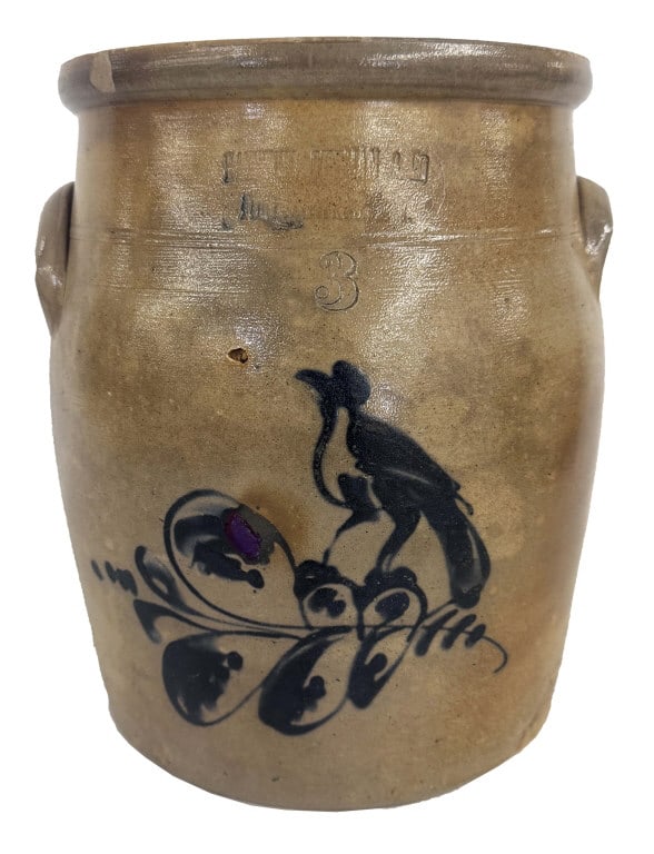 HAYSTON , FT EDWARD SALT GLAZED CROCK W/ BIRD 12 3/4" X 10 1/2" (1 of 7)