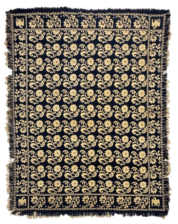 BLUE & WHITE JACQUARD COVERLET W/ EAGLE CORNER BLOCKS 88" X 74" (1 of 5)