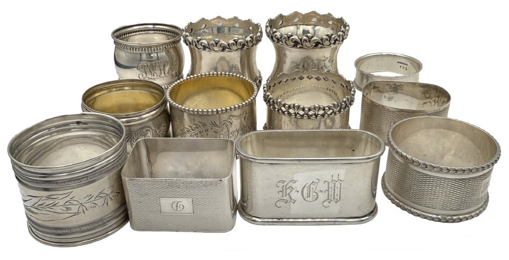 12 STERLING SILVER NAPKIN RINGS, ASS'TD. MAKERS 8.2 TROY OZ (1 of 4)