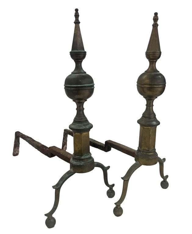 PR OF LATE 18THC. STEEPLE TOP ANDIRONS 20 1/2" X 9 1/4" X 18 1/2" DEEP (1 of 5)