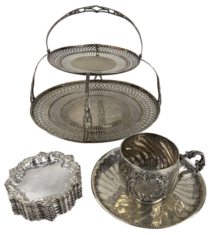 STERLING SILVER TABLE ARTICLES INC. 11 BUTTER PATS 2 ALMOND DISHES, FRUIT BOWL, CUP & SAUCER, DOUBLE (1 of 6)