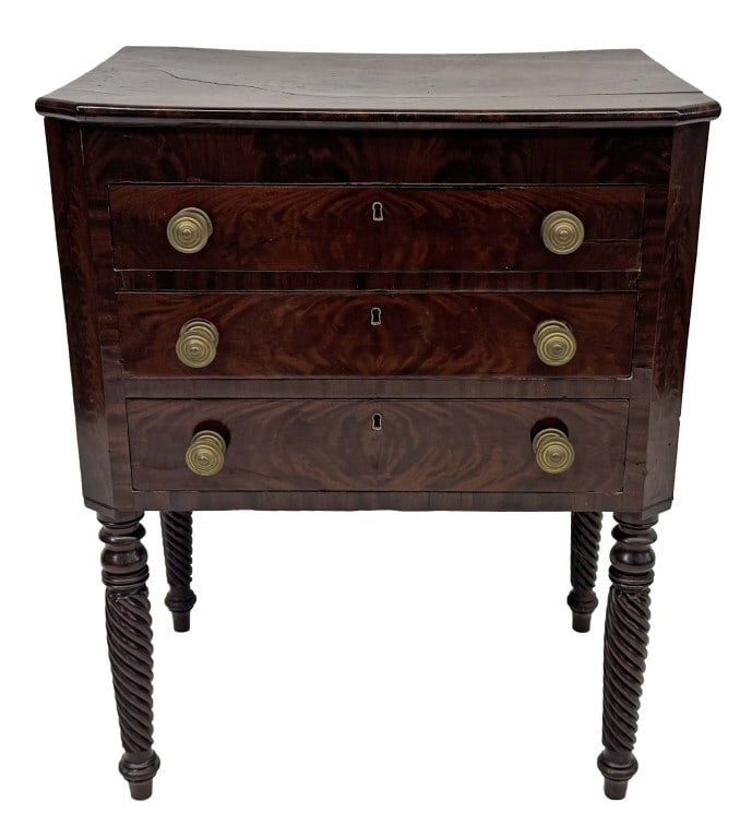 3 DRAWER MAHOGANY WORK TABLE W/ WRITING TABLET IN DRAWER & TWIST CARVED LEGS 30 1/2" X 24 1/2" X 17" (1 of 7)