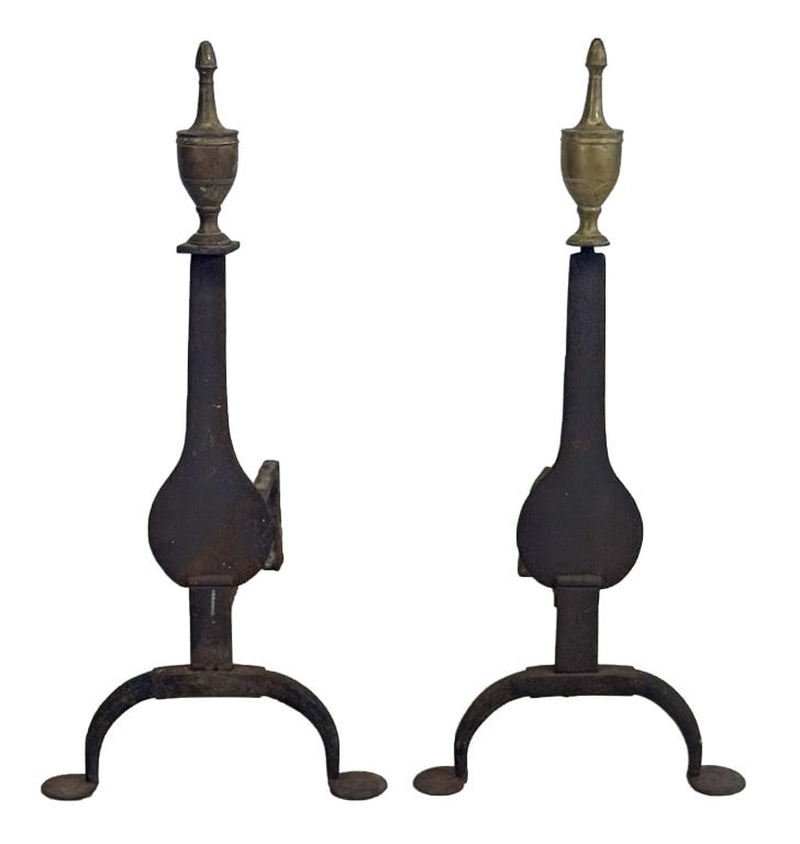 PR OF KNIFE BLADE ANDIRONS W/ URN FINIALS & PENNY FEET 25" TALL X 20" DEEP (1 of 4)