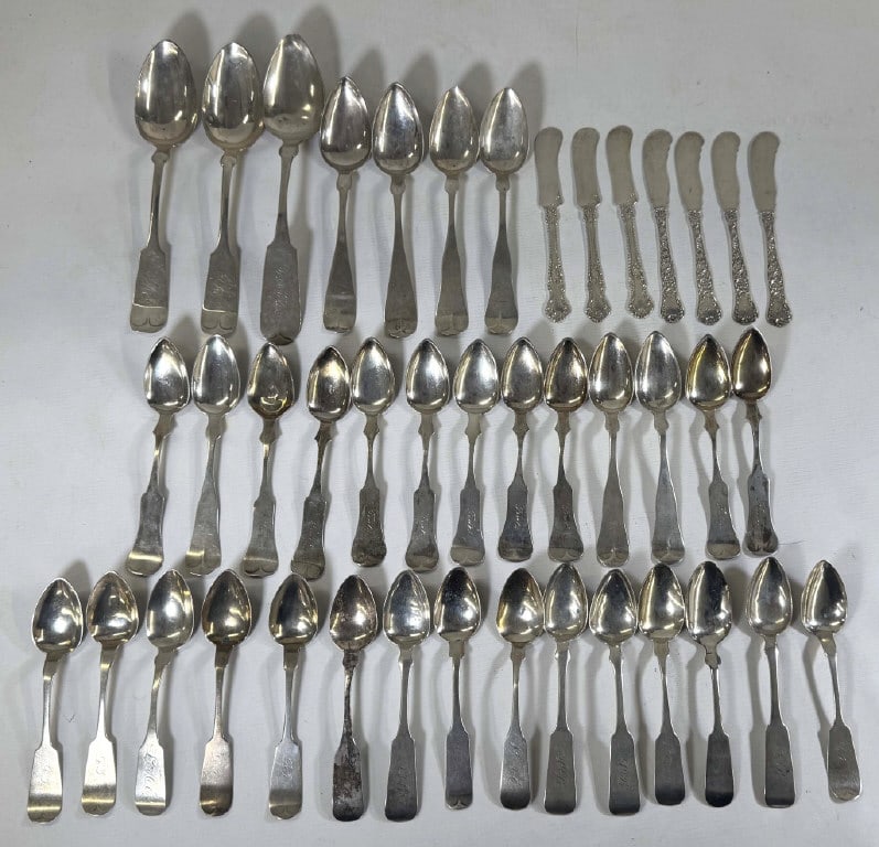 GROUP OF STERLING & COIN SILVER SPOONS & STERL. BUTTER SPREADERS 18.35 COIN & 7.4 TROY STERL. (1 of 3)