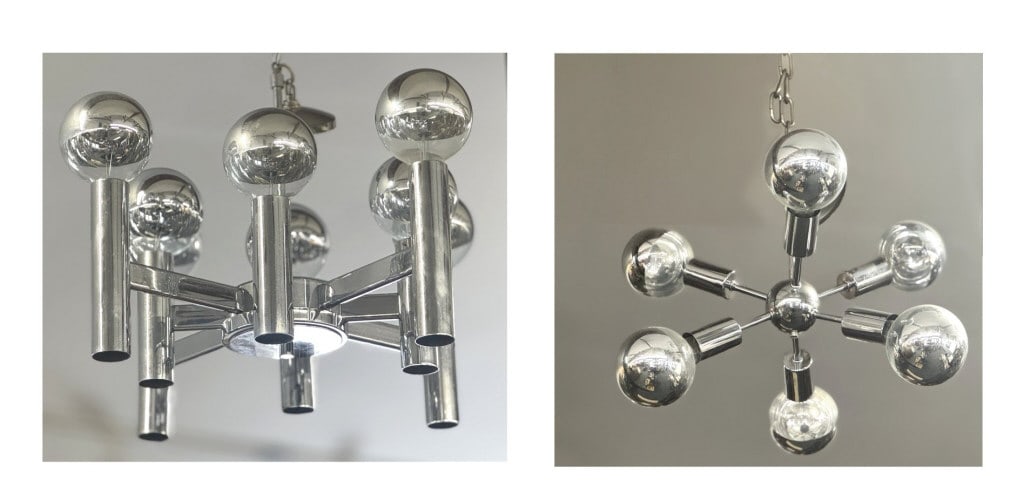 2 VINTAGE CHROMED STEEL CHANDELIERS, 1 HUSTADT LEUCHTEN 8 LIGHT & 1- J.T. KALMAR ATOMIC 6 LIGHT 25": 2 VINTAGE CHROMED STEEL CHANDELIERS, 1 HUSTADT LEUCHTEN 8 LIGHT & 1- J.T. KALMAR ATOMIC 6 LIGHT 25" X 25" X 21" & 25" X 25" X 46"