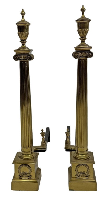 PR OF COLUMNAR BRASS ANDIRONS W/ URN FINIALS 20THC. 28 1/2" TALL (1 of 5)