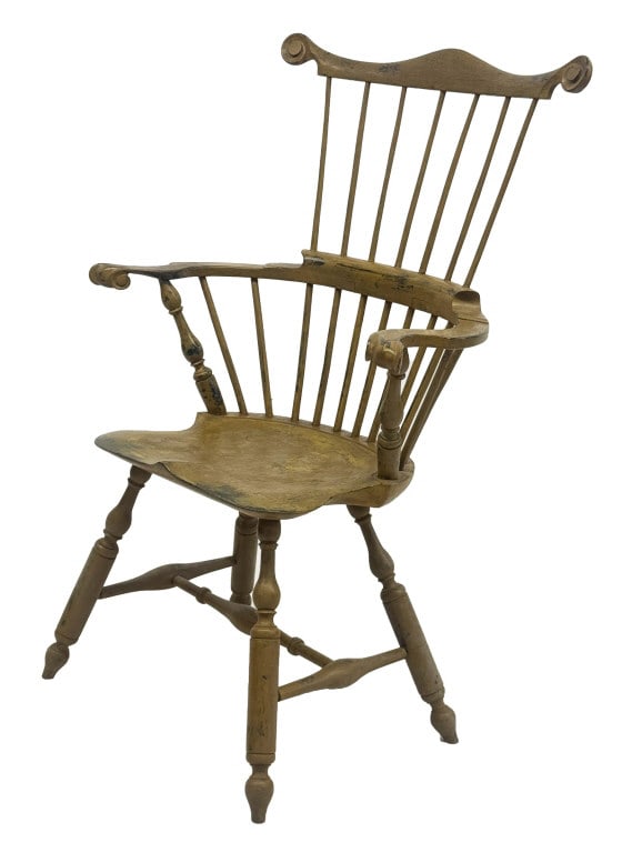 FAN BACK KNUCKLE ARM WINDSOR BY BRENDAN MURPHY BENCH MADE REPRODUCTION IN MUSTARD PAINT 43" X 30 (1 of 10)