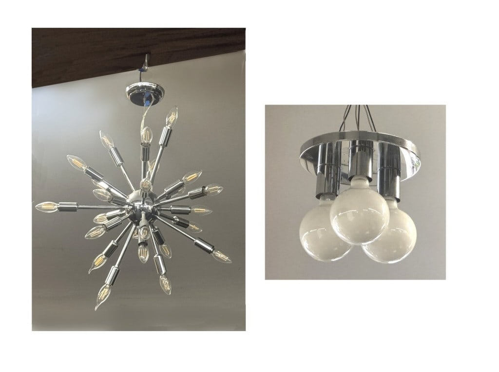 2 VINTAGE CHROME CEILING LIGHT FIXTURES, 1 SPUTNIK CHANDELIER &1- 3 LIGHT CEILING FIXTURE, 25" X 25" (1 of 3)