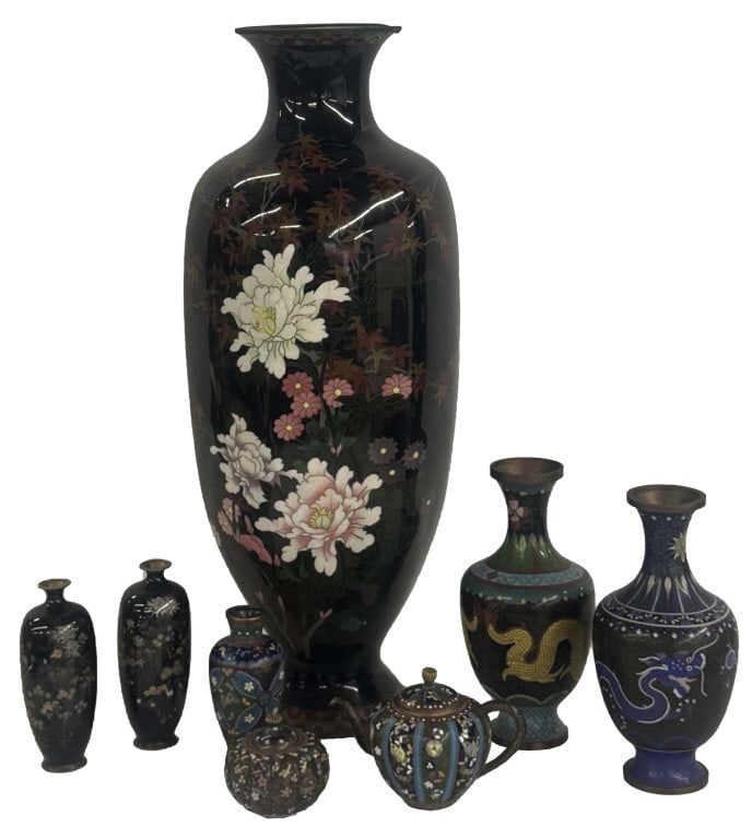 8 PCS CLOISONNE INC. 24" VASE, PR OF 6" VASES, 2 DRAGON VASES 1 W/ DENT, TEAPOT, ETC. (1 of 12)
