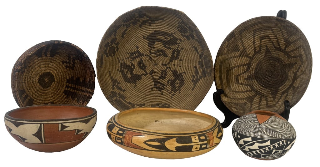 ZIA PUEBLO POT, ACOMA SEED JAR, HOPI BOWL, PIMA BASKET, PLAINS TRAY, APACHE COILED BASKET (1 of 14)