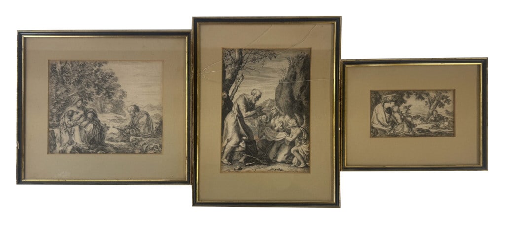 4 EARLY ENGRAVINGS: ST MARY REC. COMMUNION ..., THE HOLY FAMILY... , VAN OSTADE & THE REPOSE IN (1 of 4)