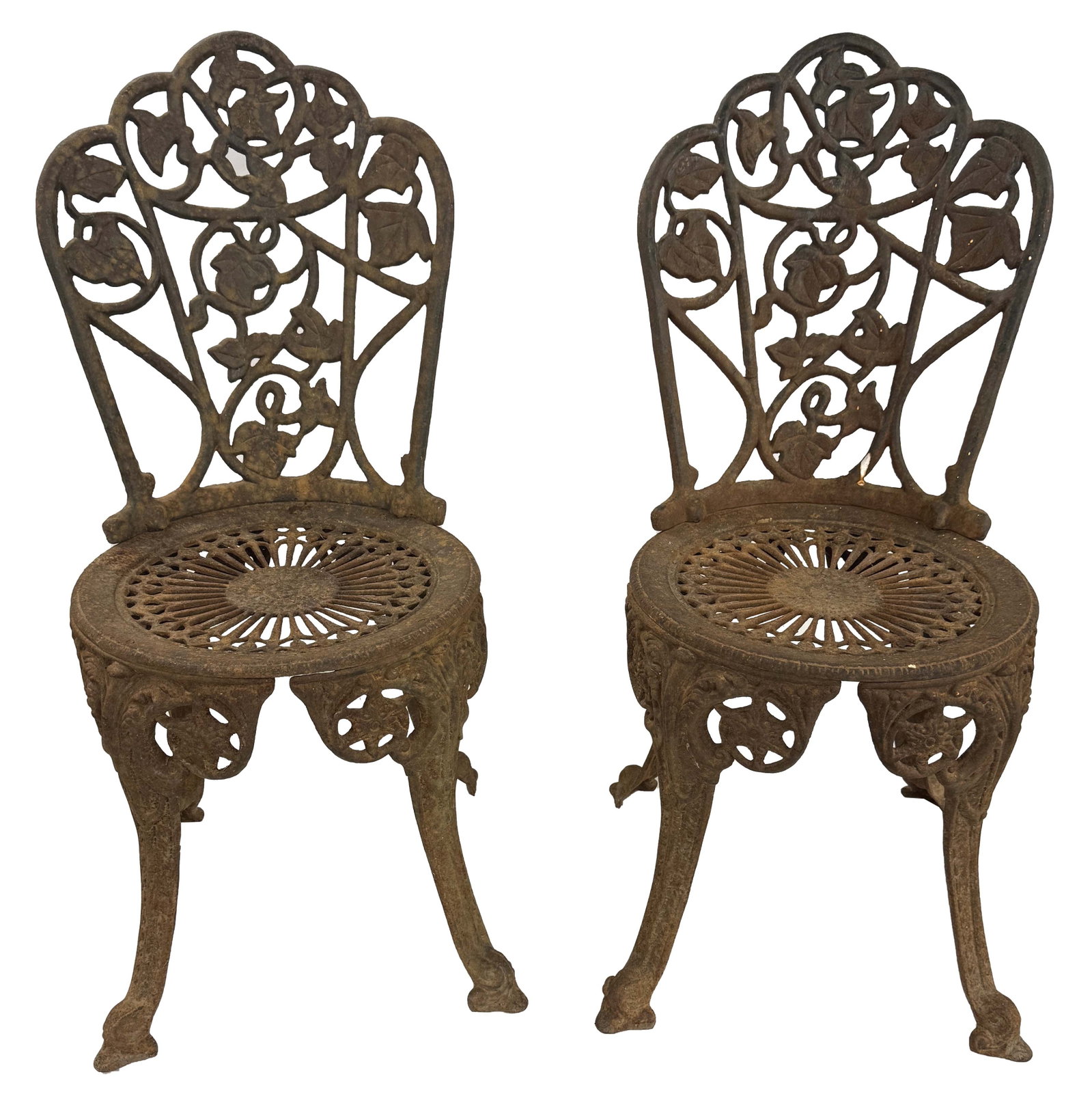 PR OF IVY PATTERN CAST IRON GARDEN CHAIRS 32" tall x 14 1/2" deep (1 of 6)