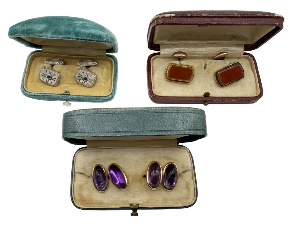 3 SETS OF CUFF LINKS ALL SET IN 14KT GOLD, DIAM. & SAPPHIRE, AMETHYST & CARNELIAN (13.2 DWT INC.: 3 SETS OF CUFF LINKS ALL SET IN 14KT GOLD, DIAM. & SAPPHIRE, AMETHYST & CARNELIAN (13.2 DWT INC. STONES)