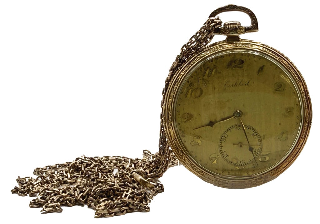 14KT GOLD CORTEBERT CO. OPEN FACE POCKET WATCH SERIAL #1539429 & 14KT GOLD WATCH CHAIN, CHAIN = 19.4 (1 of 6)
