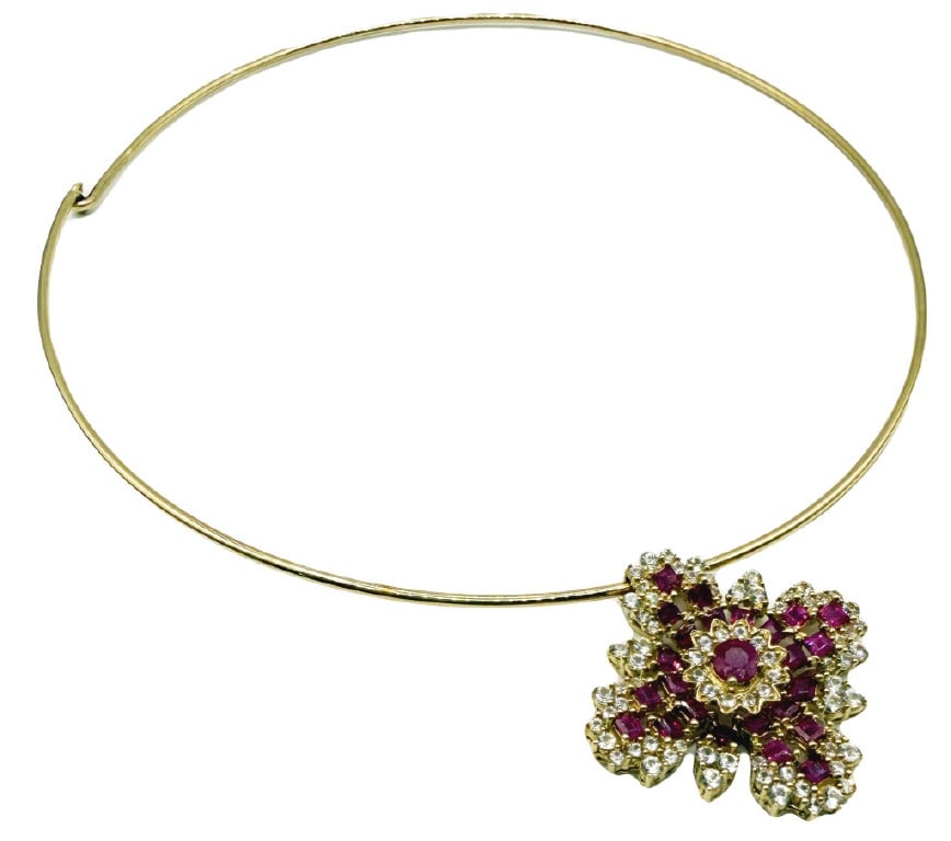 14KT YELLOW GOLD , DIAMOND & RUBY PENDANT ON RIGID 14KT CHOKER APPROX. 10.6 DWT (1 of 5)