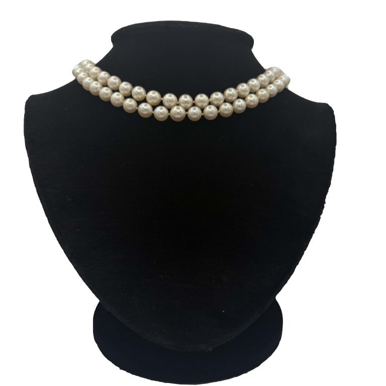 DOUBLE STRAND OF PEARLS WITH DIAMOND & PEARL CLASP 6MM-8MM 16" LONG (1 of 6)