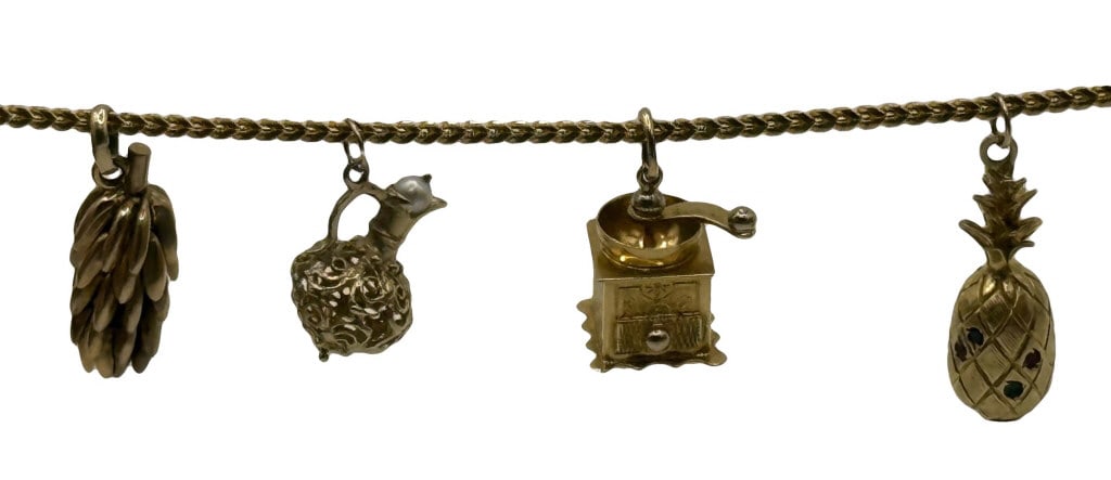 4 GOLD CHARMS: 14KT PINEAPPLE, EWER, BANANA BUNCH & 22 KT COFFEE GRINDER: 4 GOLD CHARMS: 14KT PINEAPPLE, EWER, BANANA BUNCH 8.7 DWT & 22 KT COFFEE GRINDER 4.4 DWT
