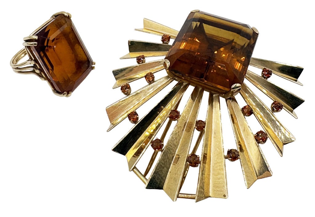 14KT YELLOW GOLD SUNBURST BROOCH W/ LG TOPAZ & 14 KT GOLD RING W/ LG EMERALD CUT TOPAZ APPROX. 38.5 (1 of 13)