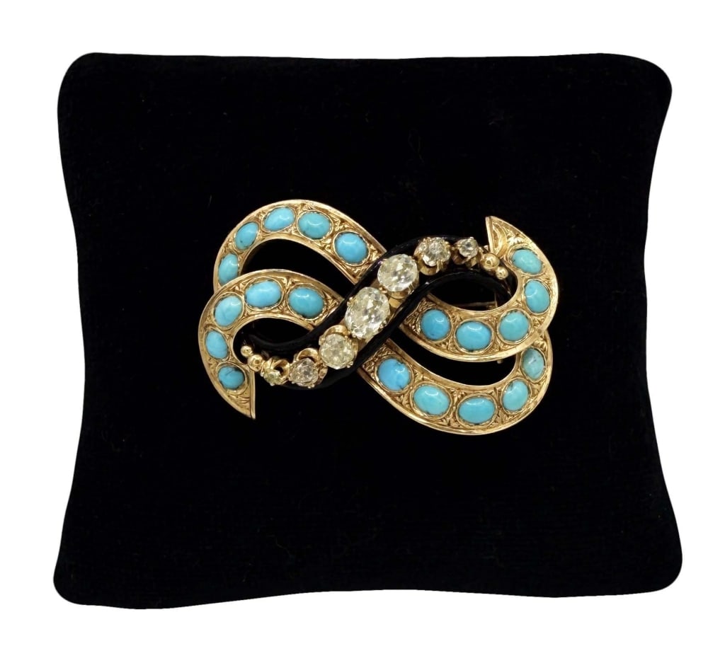 VICTORIAN 14KT GOLD DIAMOND & TURQUOISE BROOCH WITH ENAMEL ACCENTS 1 1/2" LONG APPROX. 10.3 DWT: VICTORIAN 14KT GOLD DIAMOND & TURQUOISE BROOCH WITH ENAMEL ACCENTS 1 1/2" LONG APPROX. 10.3 DWT
